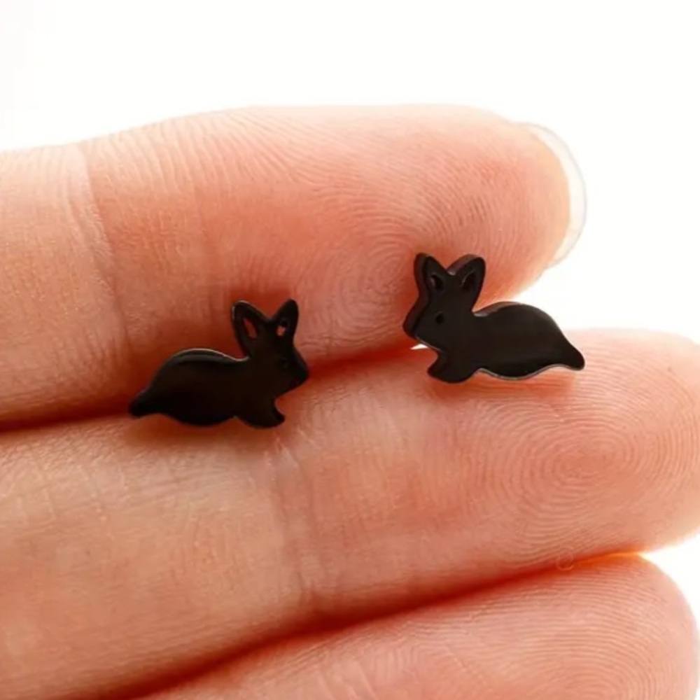 Hopping Bunny Rabbit Black Stud Earrings
